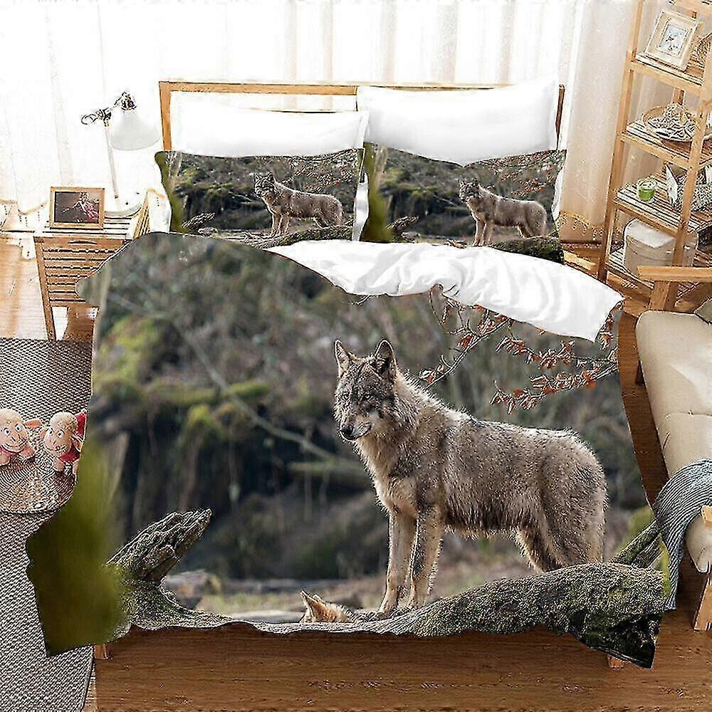 Conjunto de Capa de Edredom de Retalho de Vida Selvagem de Outono com Design de Lobo - Conjunto de Cama de 3 Peças para Tamanho Duplo (1 Capa de Edredom + 2 Fronhas) Ideal para o Seu
