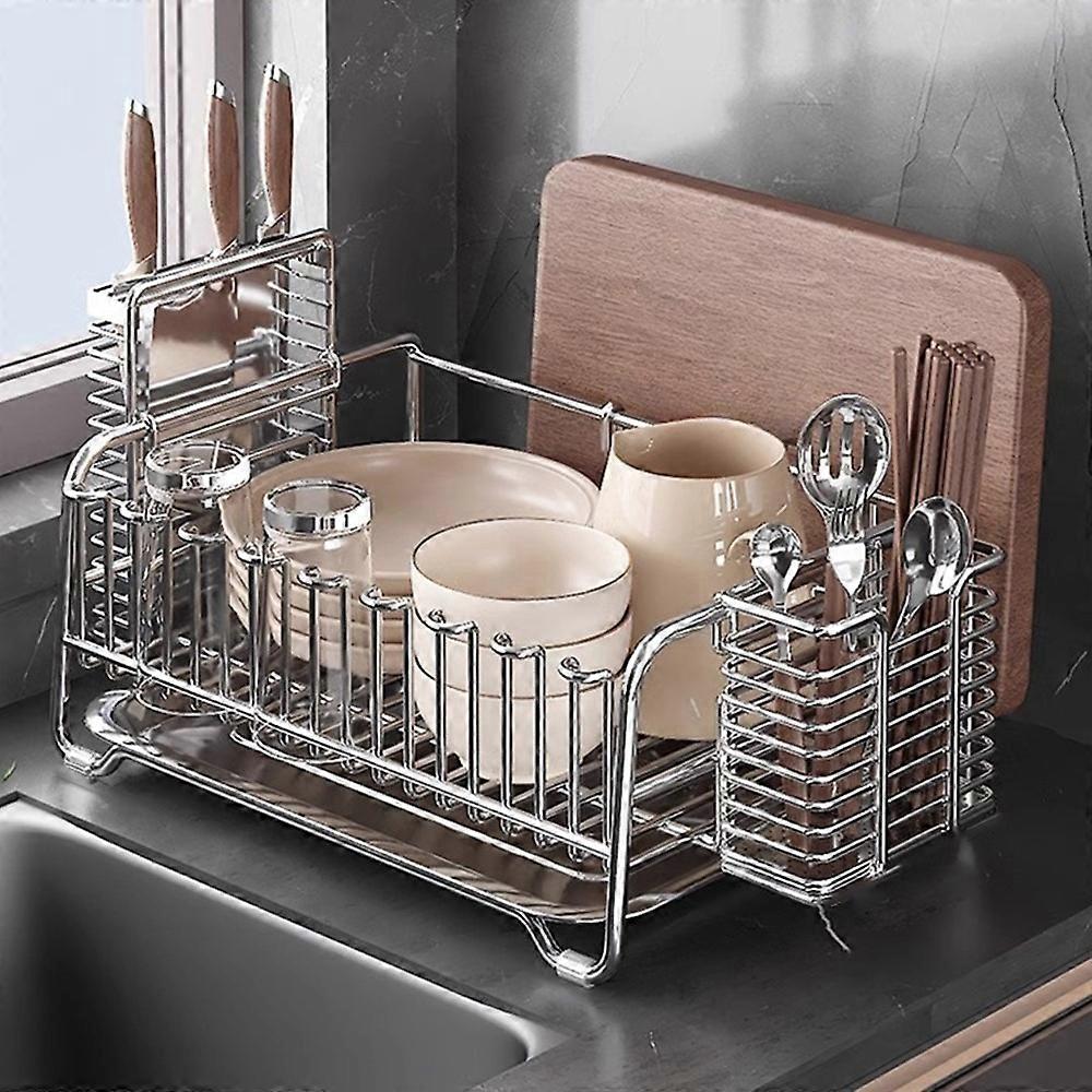 304 Stainless Steel Dish Drying Rack Bowls Plates Cups Cutlery Kitchen Storage Organizer, 36x25.5cm