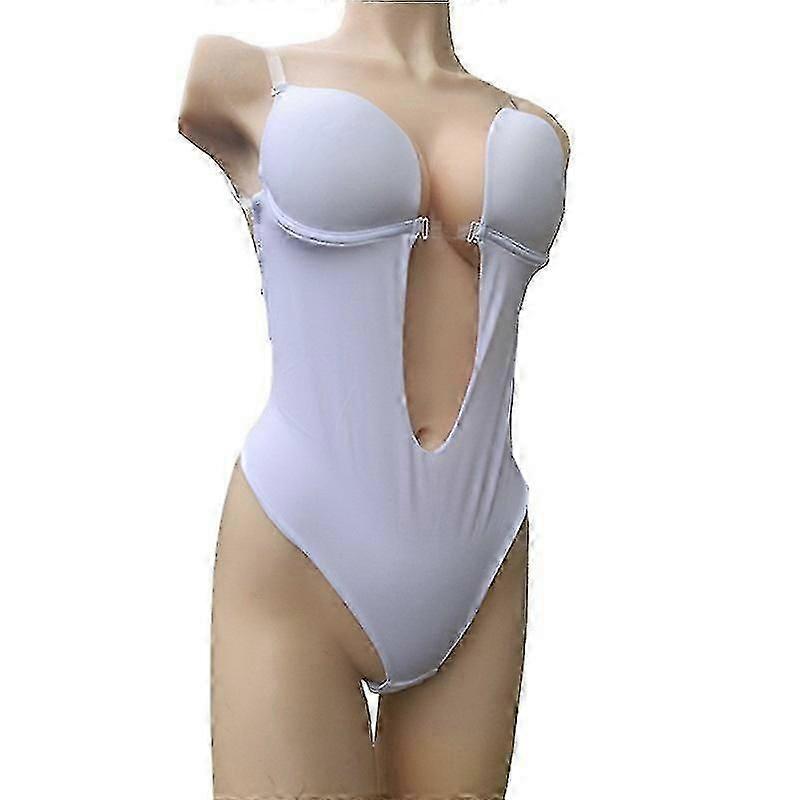Dam Rygglös Shapewear Djup V-hals Body Shaper för låg rygg Klänningar Låg midja Stringtrosa Sheer Strap Push Up BH Vit 1 stycke