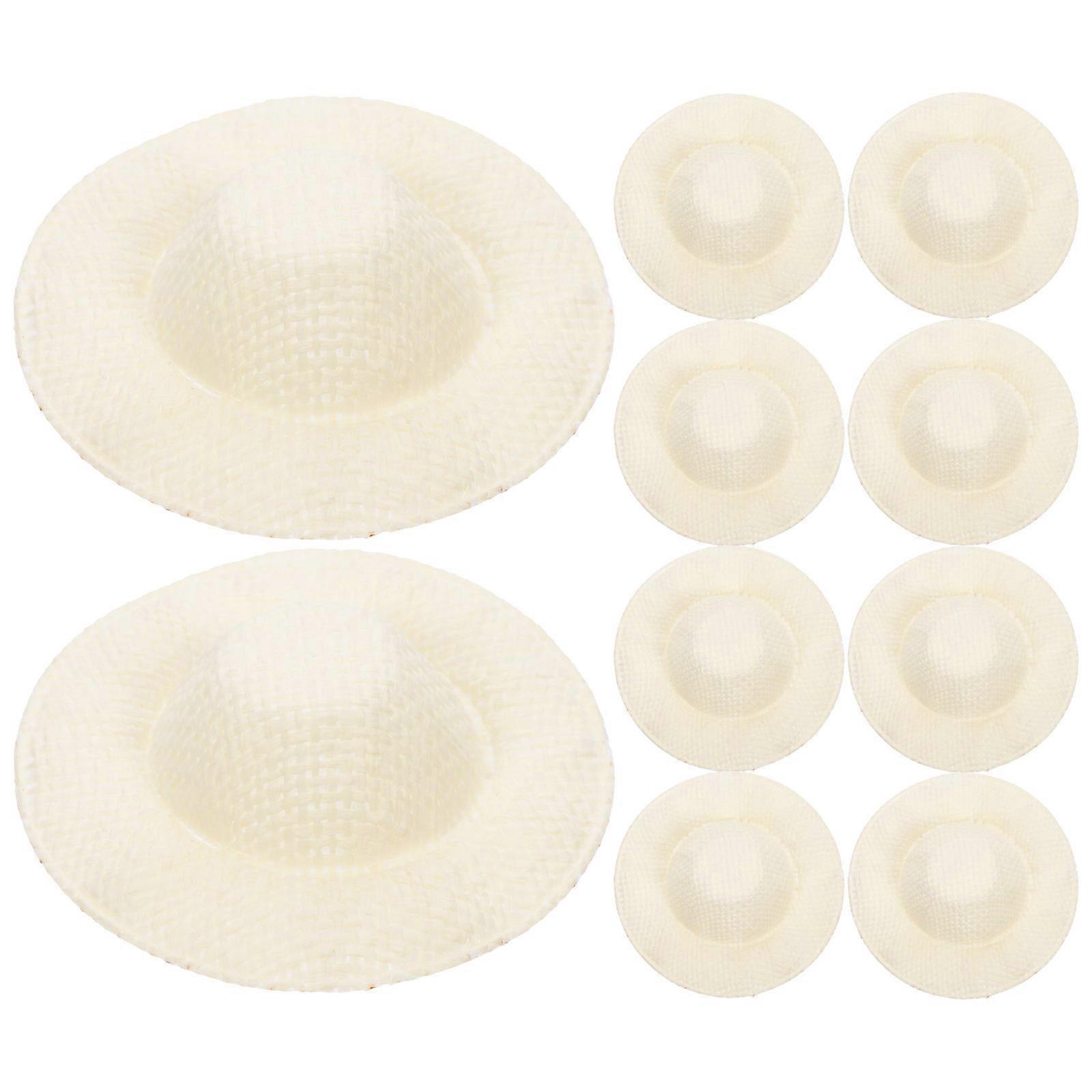 10pcs Mini Straw Hats for Dolls, DIY Miniature Decor Accessories, Woven Light Rice Color Headwear for Dolls and Home Decor