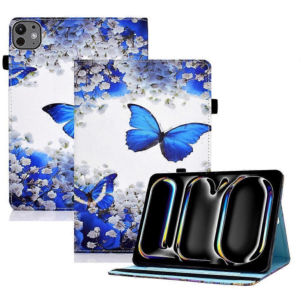 For iPad Pro 11 (2024) Leather Tablet Case Pattern Printing Elastic Band Cover with Card Slots - Blu