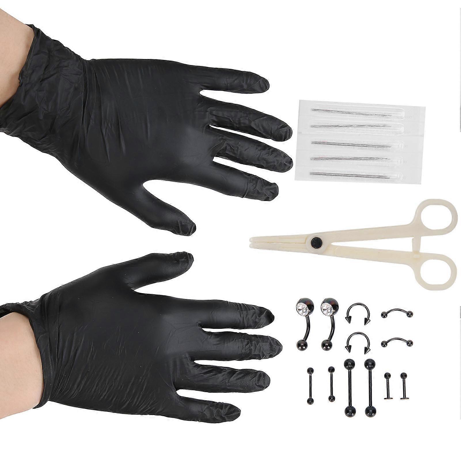 20pcs Body Piercing Kit Piercing Forceps Needles Gloves Ornaments Set (Black Ornaments)