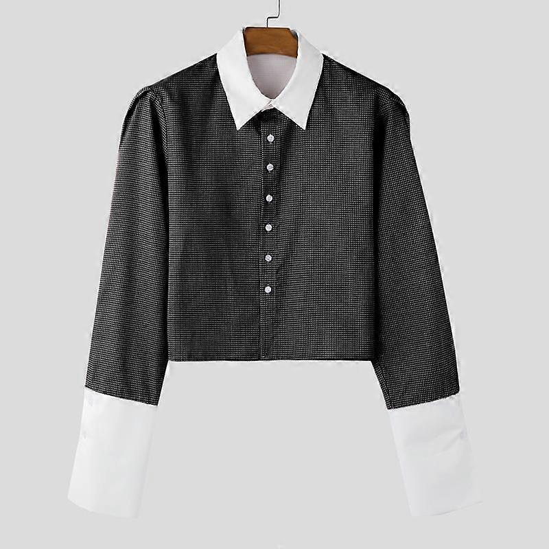 INCERUN Men Lapel Long Sleeve Patchwork Striped Cropped Shirts Casual Buttons Short Tops