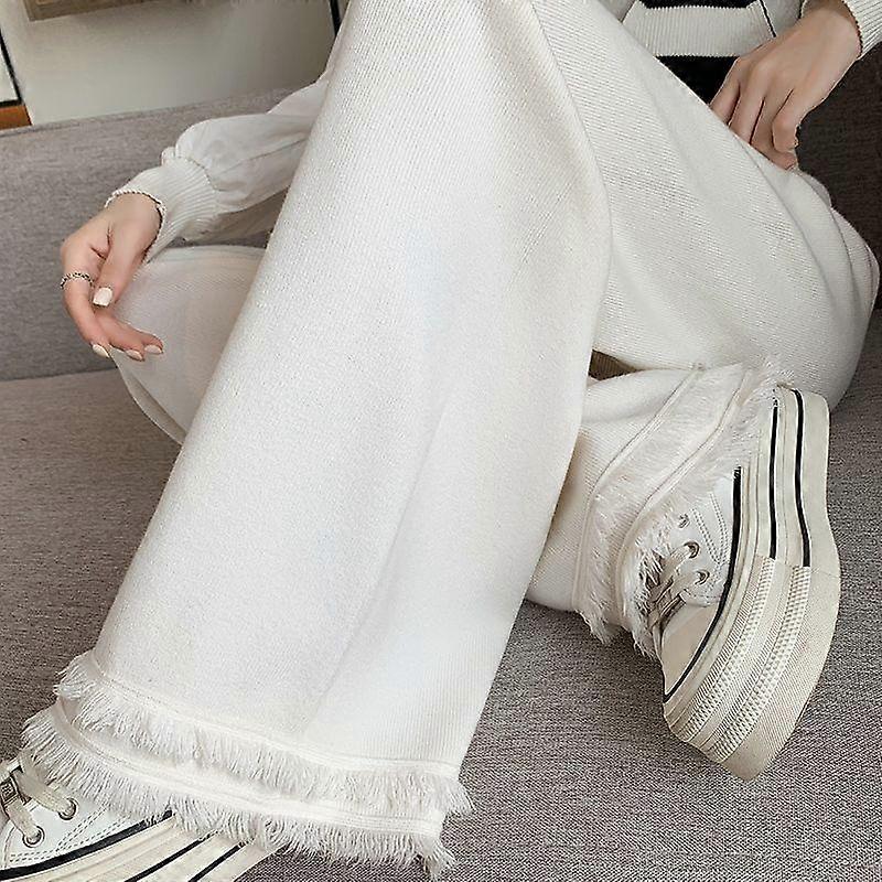 Knitted wide leg pants for women in autumn and winter, new high waisted slimming and drooping tassel edge glutinous rice pants