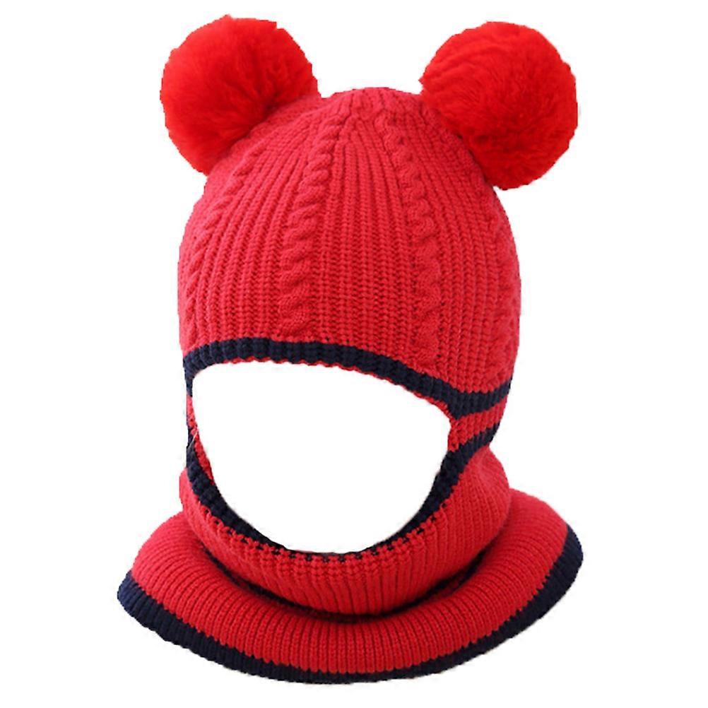 Warm Wool Knitted Hat for Children in Red Color Made of Woolen Yarn with Thickened Double Layer for Autumn and Winter 1Pc