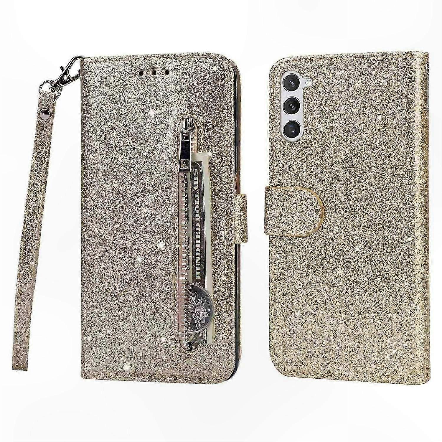 Glitter Phone Wallet Case with Zipper Pocket for Galaxy S24 Cover Protector
