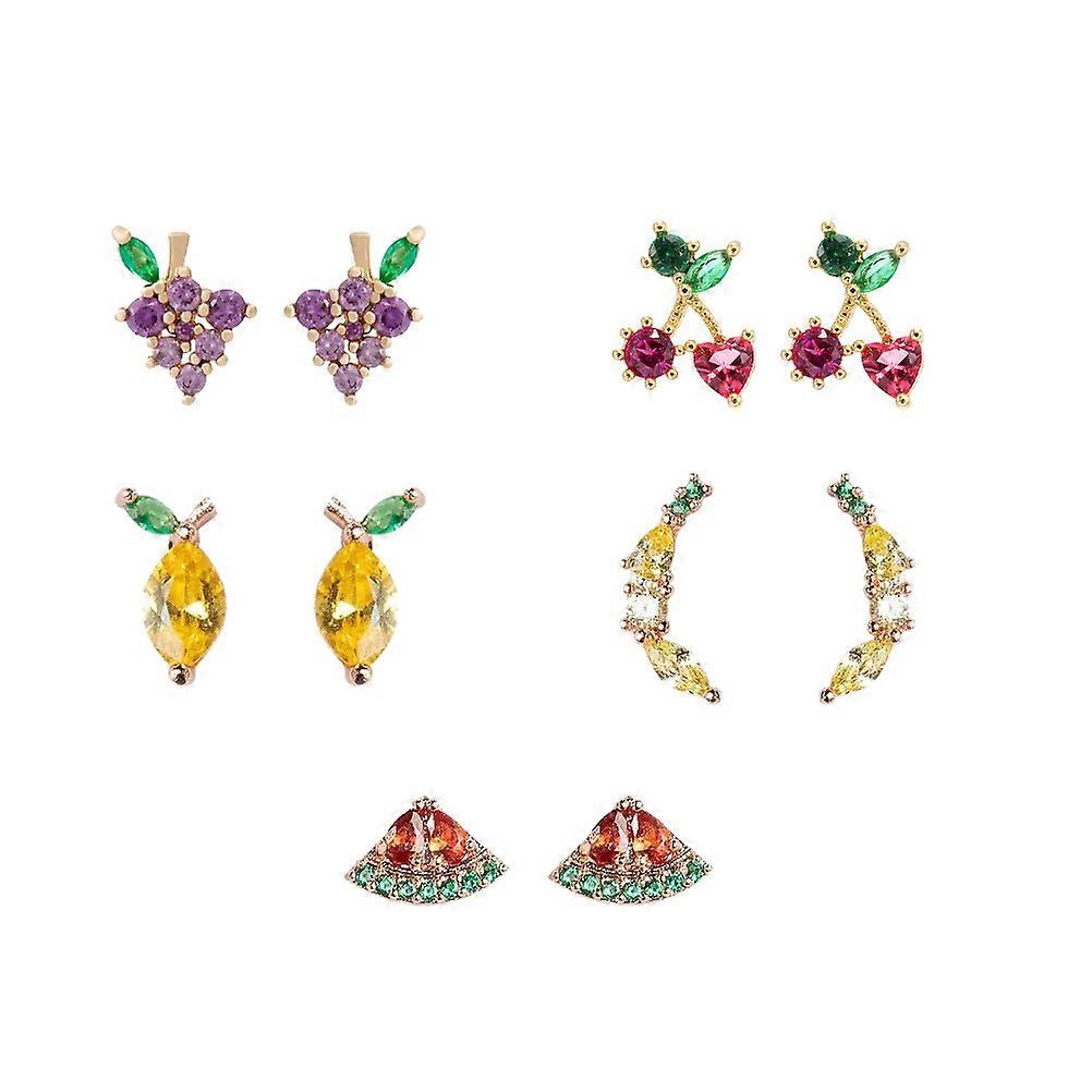 5 Pares de Brincos com Tema de Frutas para Mulheres – Joias Decorativas Leves com Designs de Limão, Uva, Melancia, Banana & Cereja em Coração – Versáteis