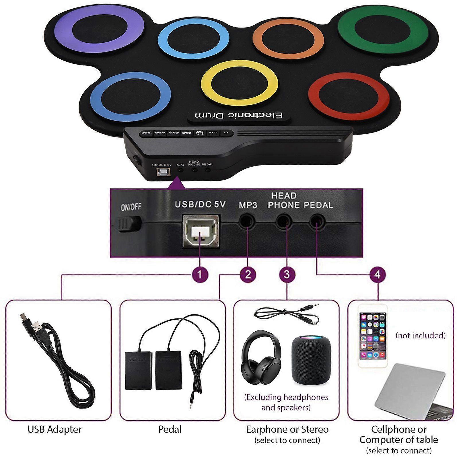 Electric Drum Set Portable Drum Pad Kit 7 Pads with Headphone Jack Pedals Drumsticks Holiday Birthday Gift Musical Instruments Practice Pad Drum Kit N