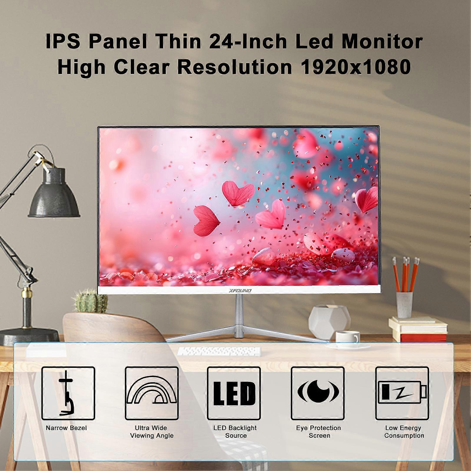 24in Ultra Thin Desktop Monitor 1920x1080 IPS 75Hz 1ms Eye Care HDMI VGA Interface