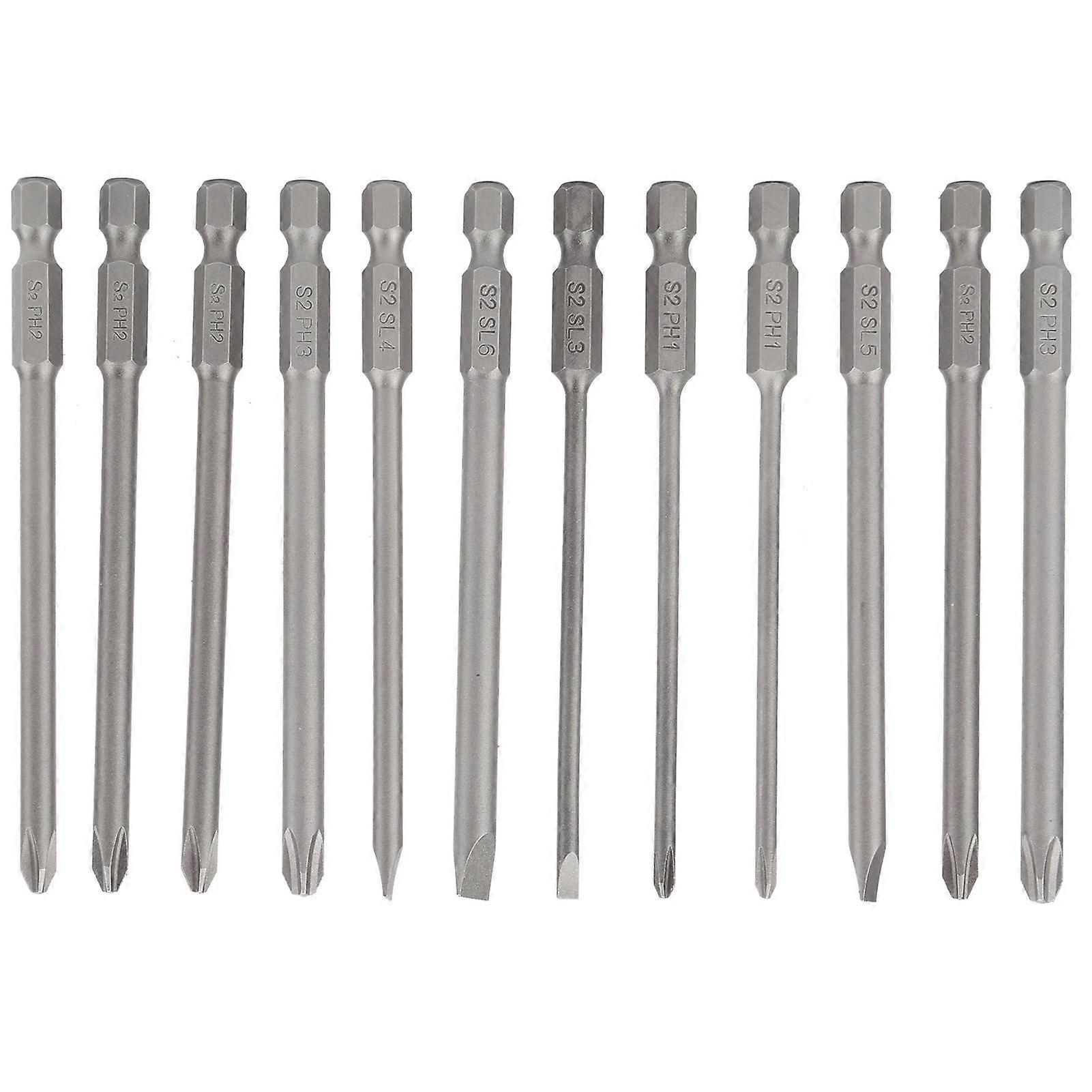 12Pcs Screwdriver Bit Set Slot Cross 100mm Alloy Steel S2 High Accuracy Hardware Tool Kit