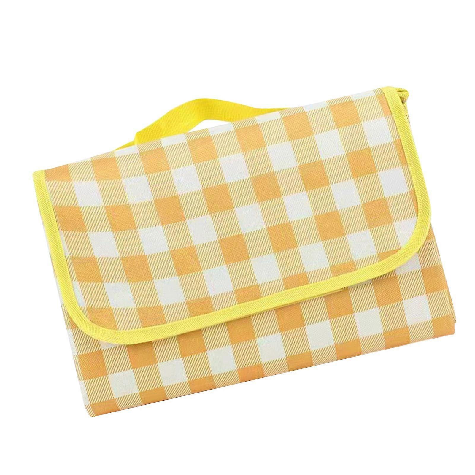 Compact Picnic Blanket Thickened Nonwoven Portable Mat 200x200 Cm Yellow Grid For Beach And Camping