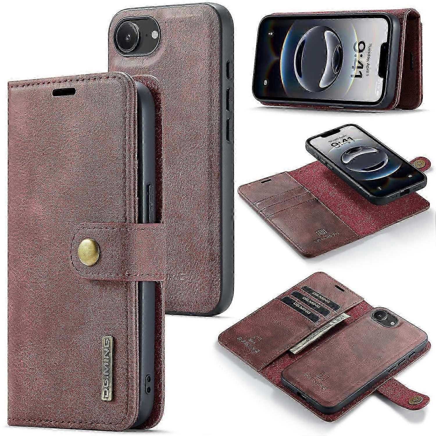DG.MING iPhone 16e Detachable Case - Brown Split Leather Phone Cover with Modular Design