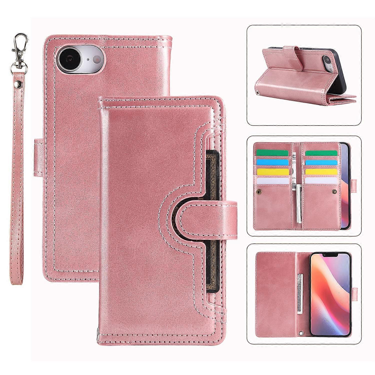 For iPhone 16e Case Split Leather Magnetic Wallet Phone Protector with Wrist Strap - Rose Gold