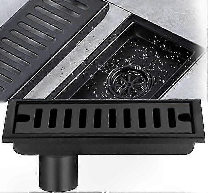 Black Rectangular Floor Drain with Double Filter, 20x10 cm, for Bathroom, Kitchen, Balcony