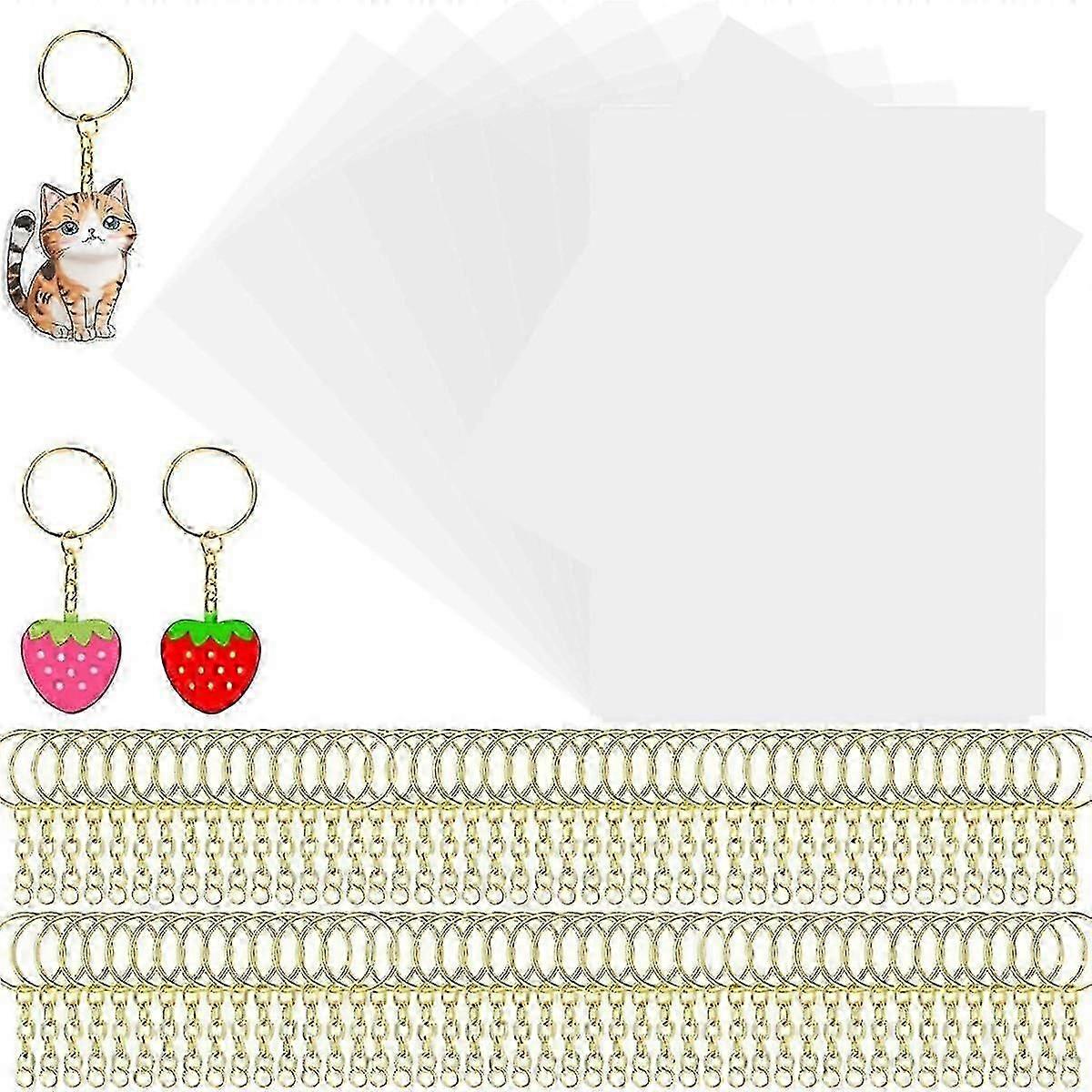 Heat Shrink Plastic Sheet Kit Shrink Papers 25 PCS Large Shrink Film Papers with 100 PCS Keychains for Kids (11.4x8inch)