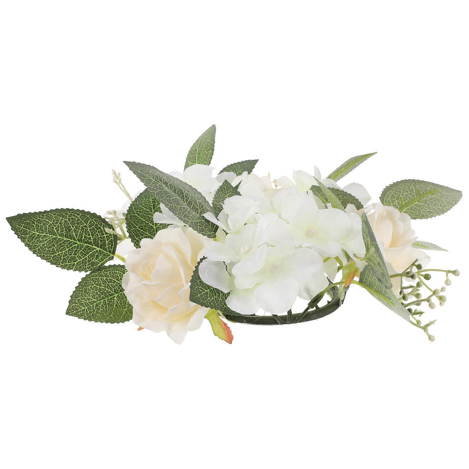 Artificial Rose Floral Candle Wreath for Table Decor 2Pcs White Ring