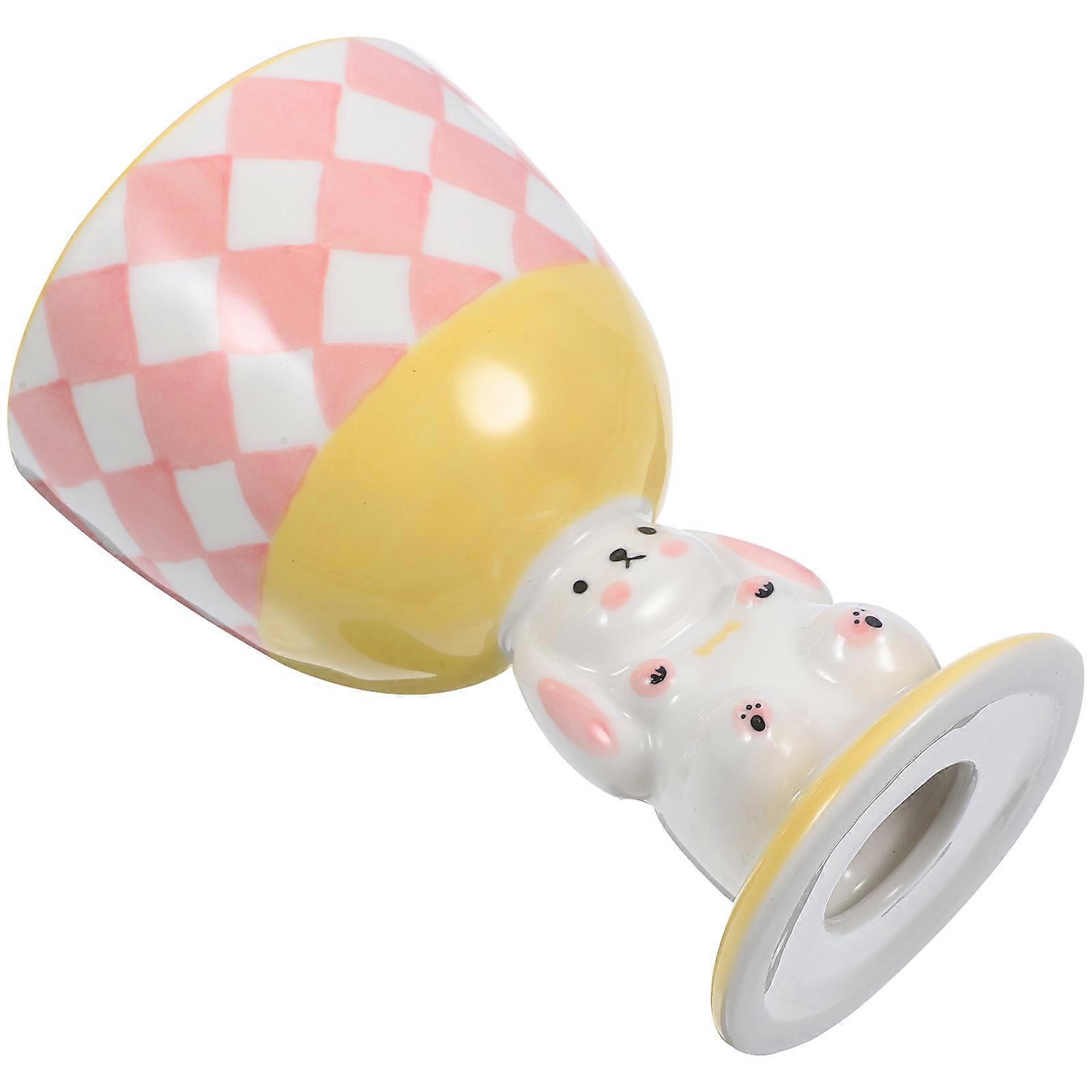 Footed Ceramic Cup for Drinking 5Pcs Pink Bunny Goblet with Rhombus Pattern