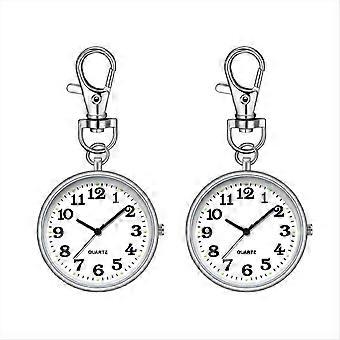 2pcs Nurses Watches for Women Quartz Pocket Watch with Key Buckle Hanging Digital Watch Clip for Nurses Doctors Silver