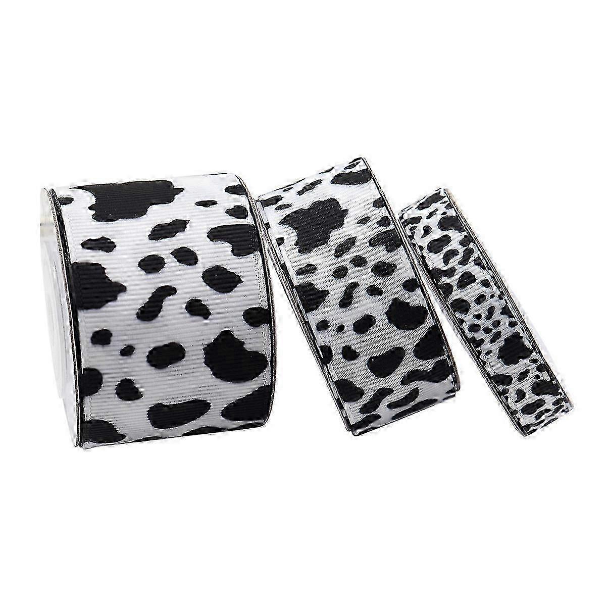 3Pcs White Black Cow Print Wired Edge Craft Ribbon for Gift Wrapping and Parties