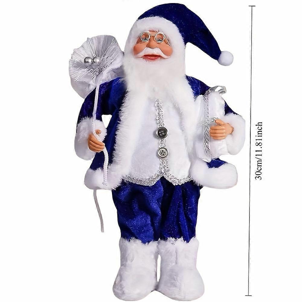 2/1 bucată de decorațiuni cu statuie de Moș Crăciun, în formă de albastru. Pozițiile în picioare și așezate sunt potrivite pentru diverse decorațiuni cu atmosferă de Crăciun.