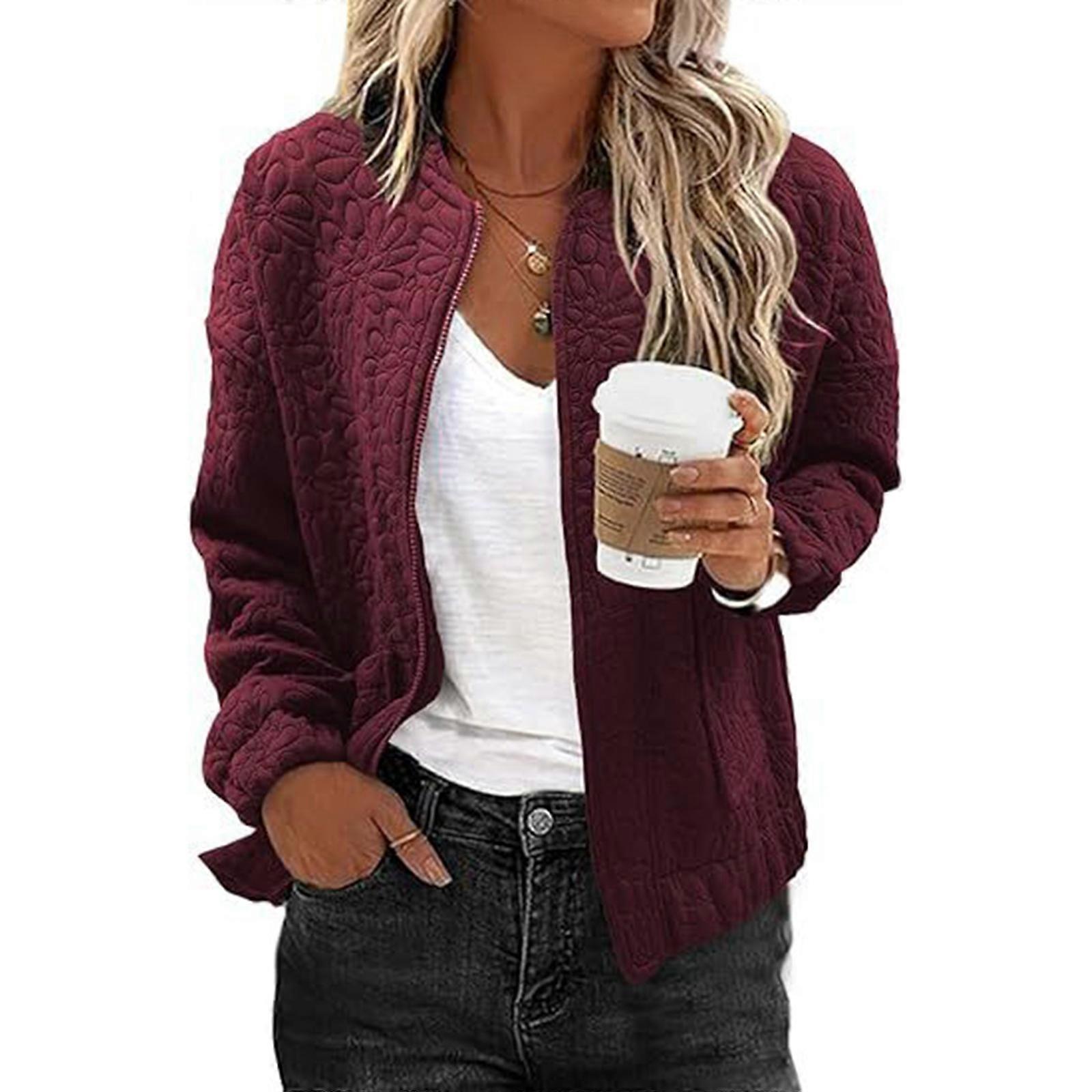 Bomber Jackets for Women Spring Fashion Cute Jacquard Coats Lightweight Zip Up Jackets Dressy Casual  Burgundy XL