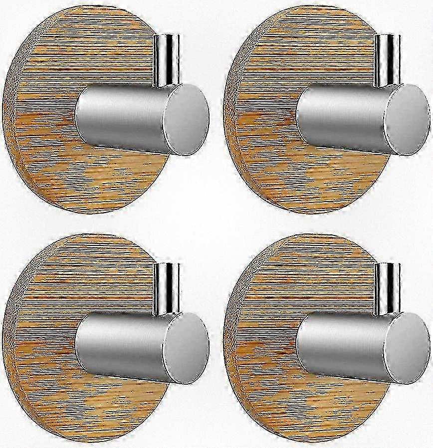 Self-Adhesive Wall Hooks for Home and Office Use, 4 Pieces Set Featuring Bamboo and Stainless Steel Design, Round Shape Ideal for Bathroom a