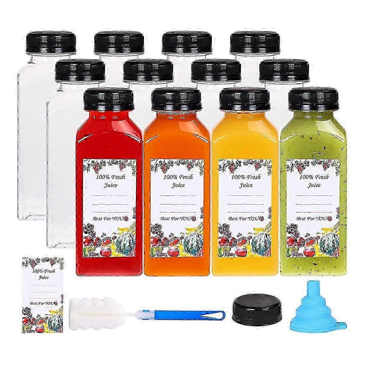 Plastic Juice Bottles with Tamper Evident Caps & Labels - 12 Pack Reusable Clear Containers for Juices