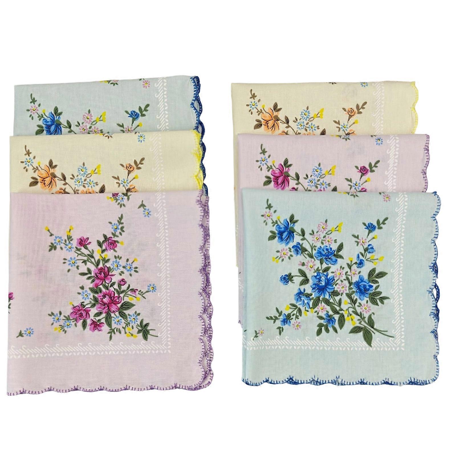 3/6Pcs Friendly Printed Handkerchief High Density Cotton Fabric Soft Womens Colorful Ladies Hankies Ideal For Daily Use  6 items