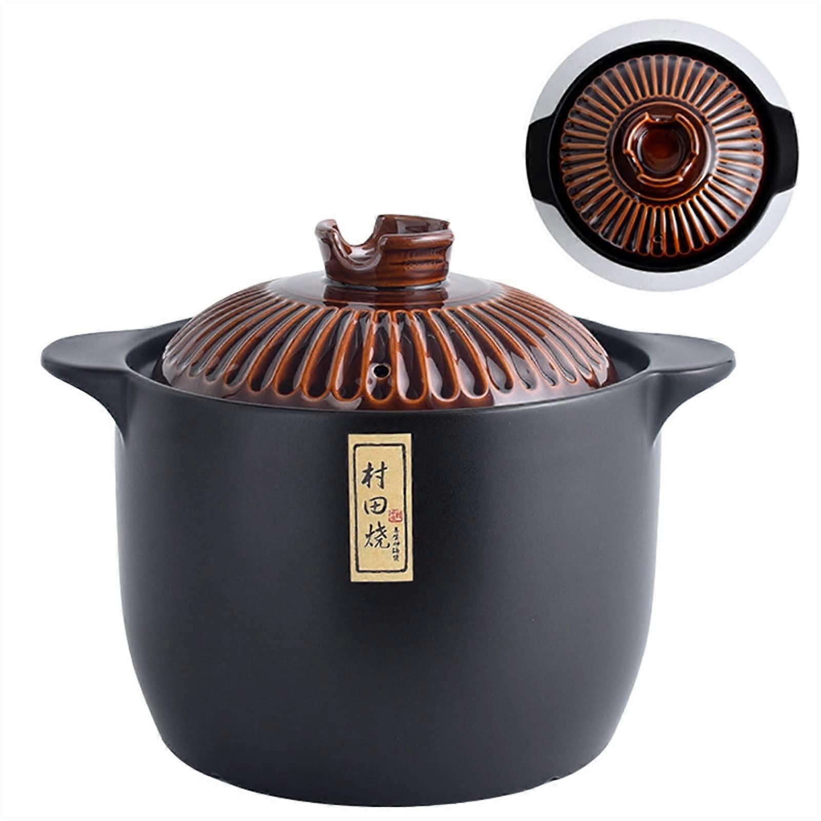 Ceramic Hot Pot with Lid and Handle, Round Porcelain Casserole for Stew and Soup, 5.5L Black