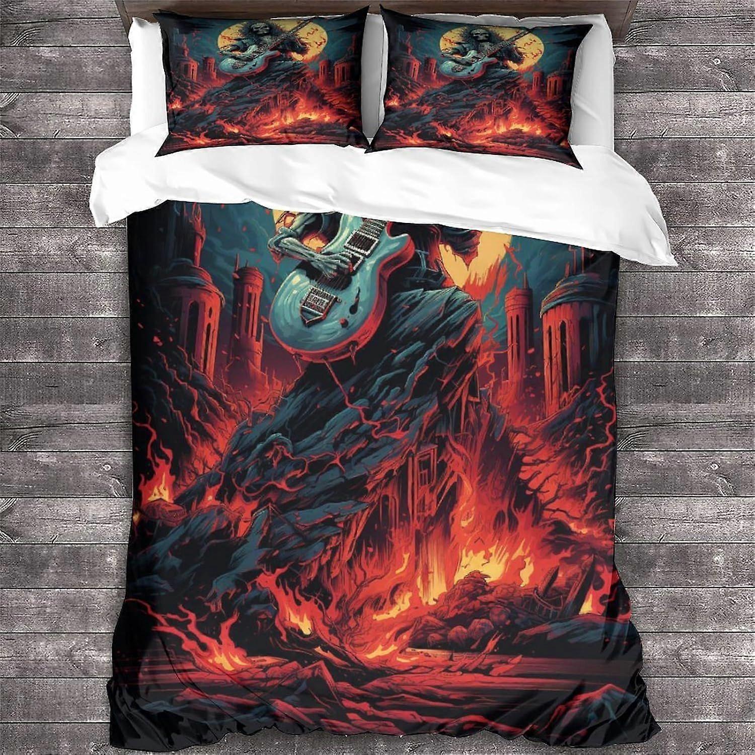 Rock 'n' Roll Duvet Cover Heavy Metal Guitar Pattern Impresso Capa de edredom de cama com fecho com zíper, conjunto de cama de crânio de microfibra macia