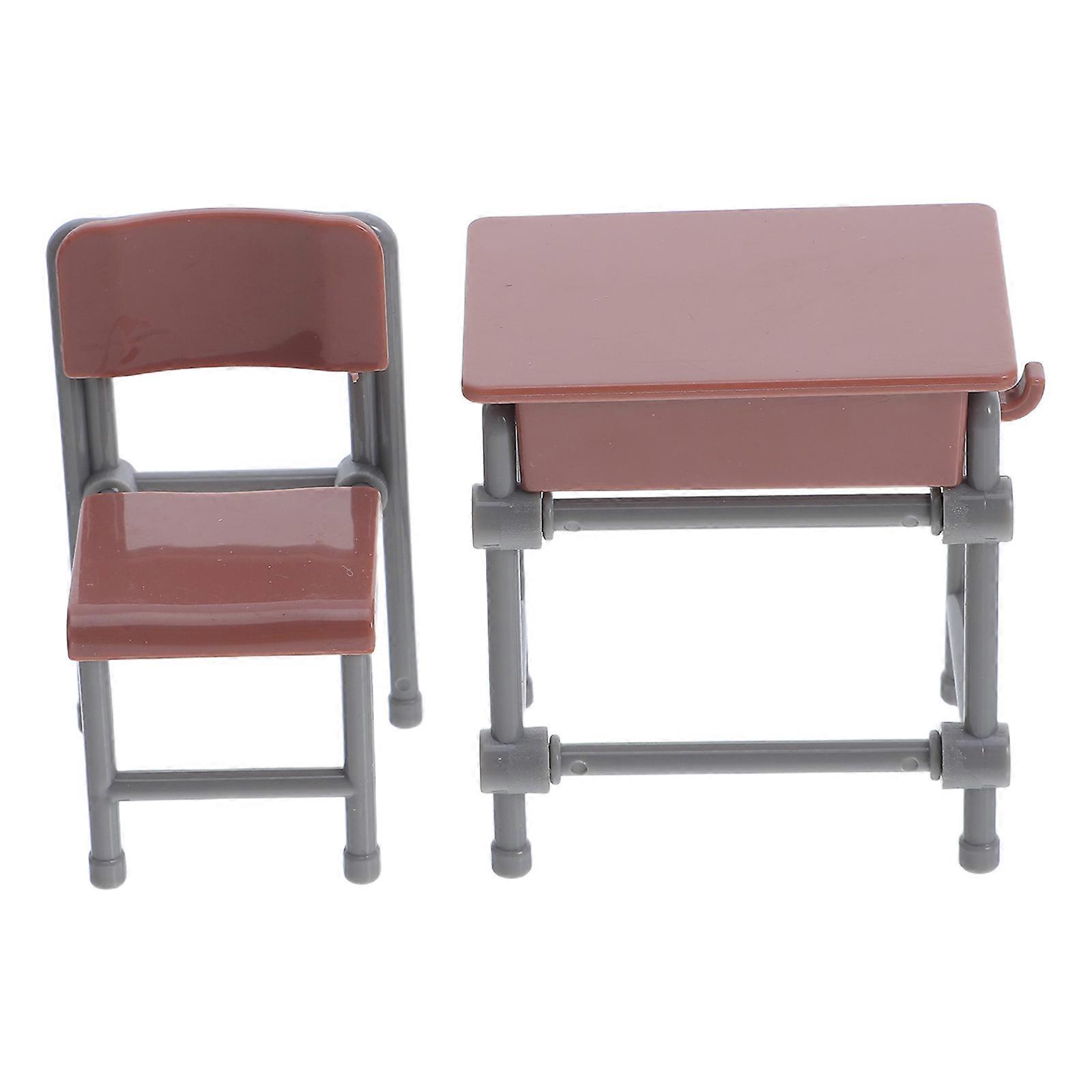 Miniature School Desk and Chair Set for Doll Display with 5Sets Coffee Color