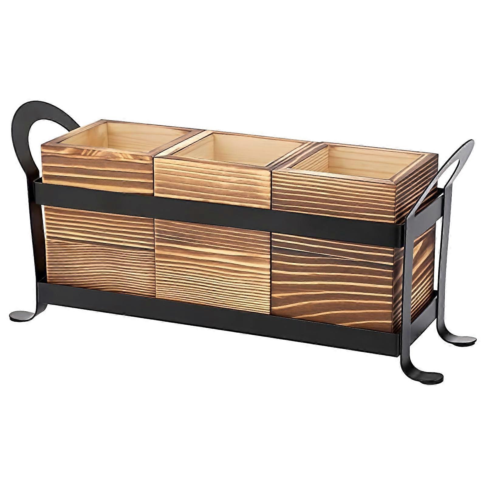 Wooden Utensil Holder with 3 Compartments and Metal Frame, Kitchen Counter Organizer with Side Handles, 13 x 3.5 x 5.9 in