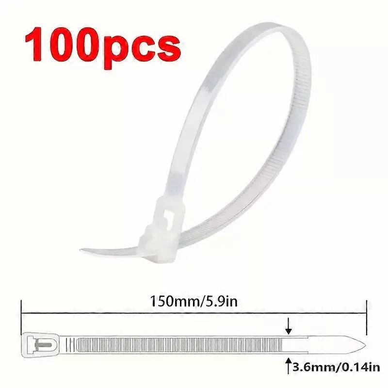 100 Reusable Cable Ties, Cable Lock Loop Nylon Ties Removable, Recyclable, Mixed Colours,White