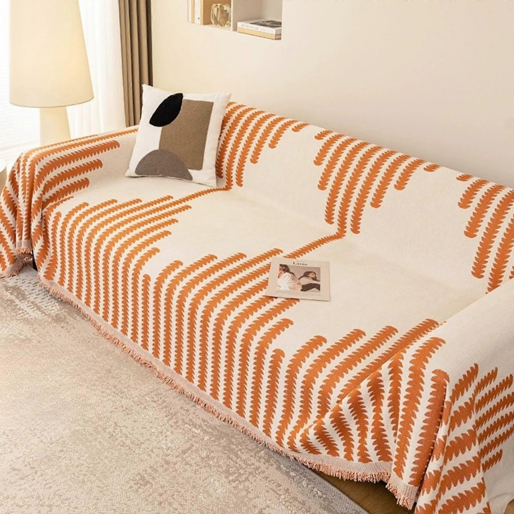 Chenille Sofa Cover Boho Reversible Geometric Design Washable AntiSlip Couch Protector Orange 71 x 134