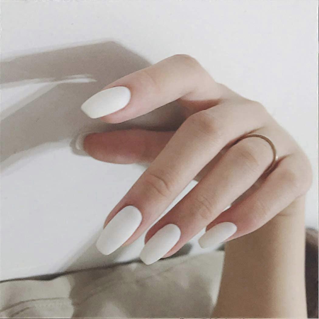 Matte White Coffin Press On Nails Set 24pcs Medium Ballerina False Tips with Reusable Adhesive Tabs