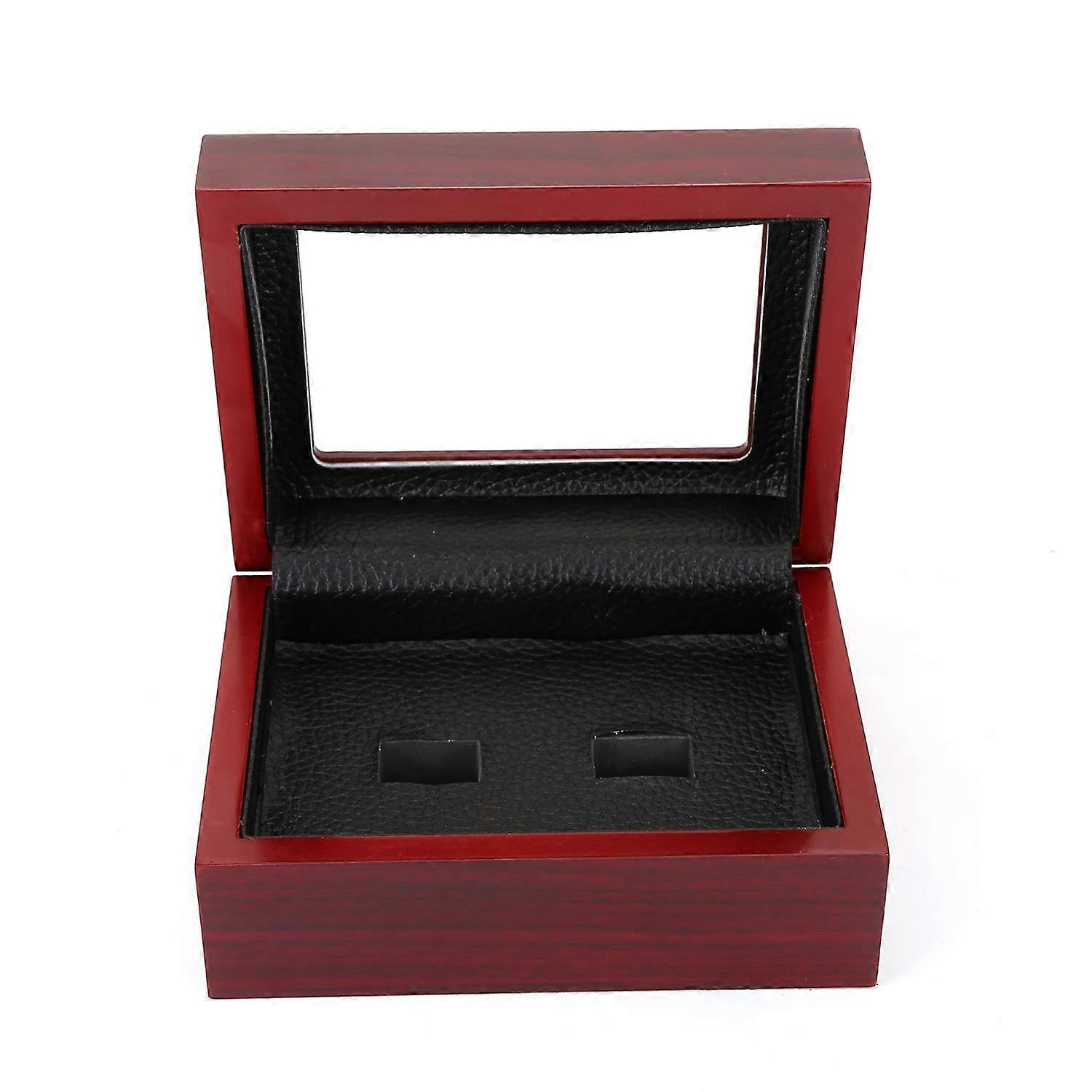Solid Wood Championship Ring Display Box with Glass Window, 2 Slot Wooden Ring Presentation Case
