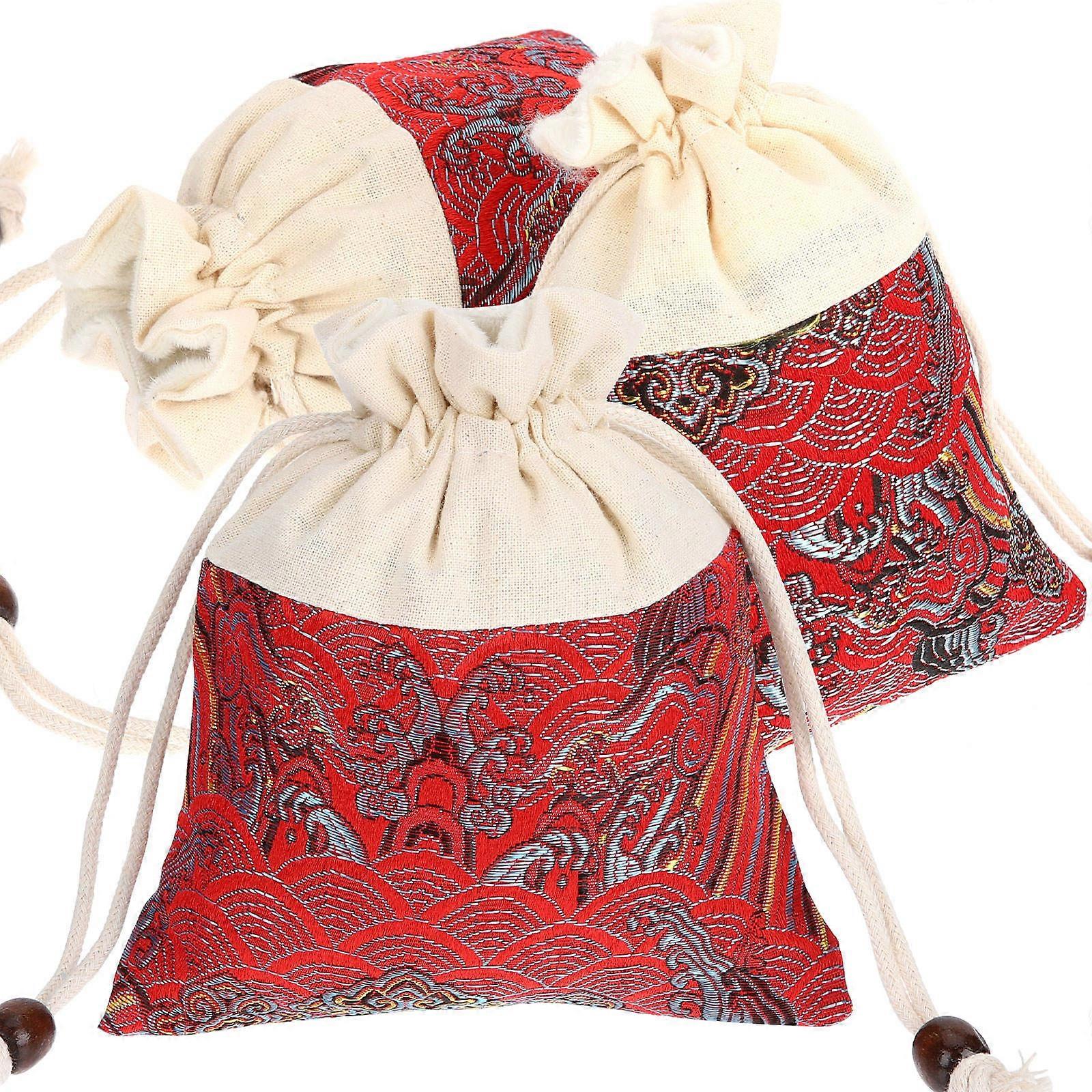 Red Brocade Drawstring Pouch for Travel 3Pcs Small Drawstring Bags