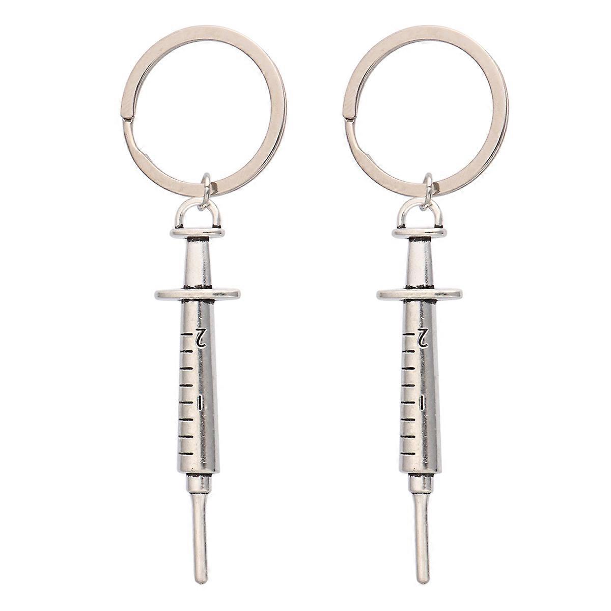 Syringe Keychains for Hanging Keys 2Pcs Silver Design