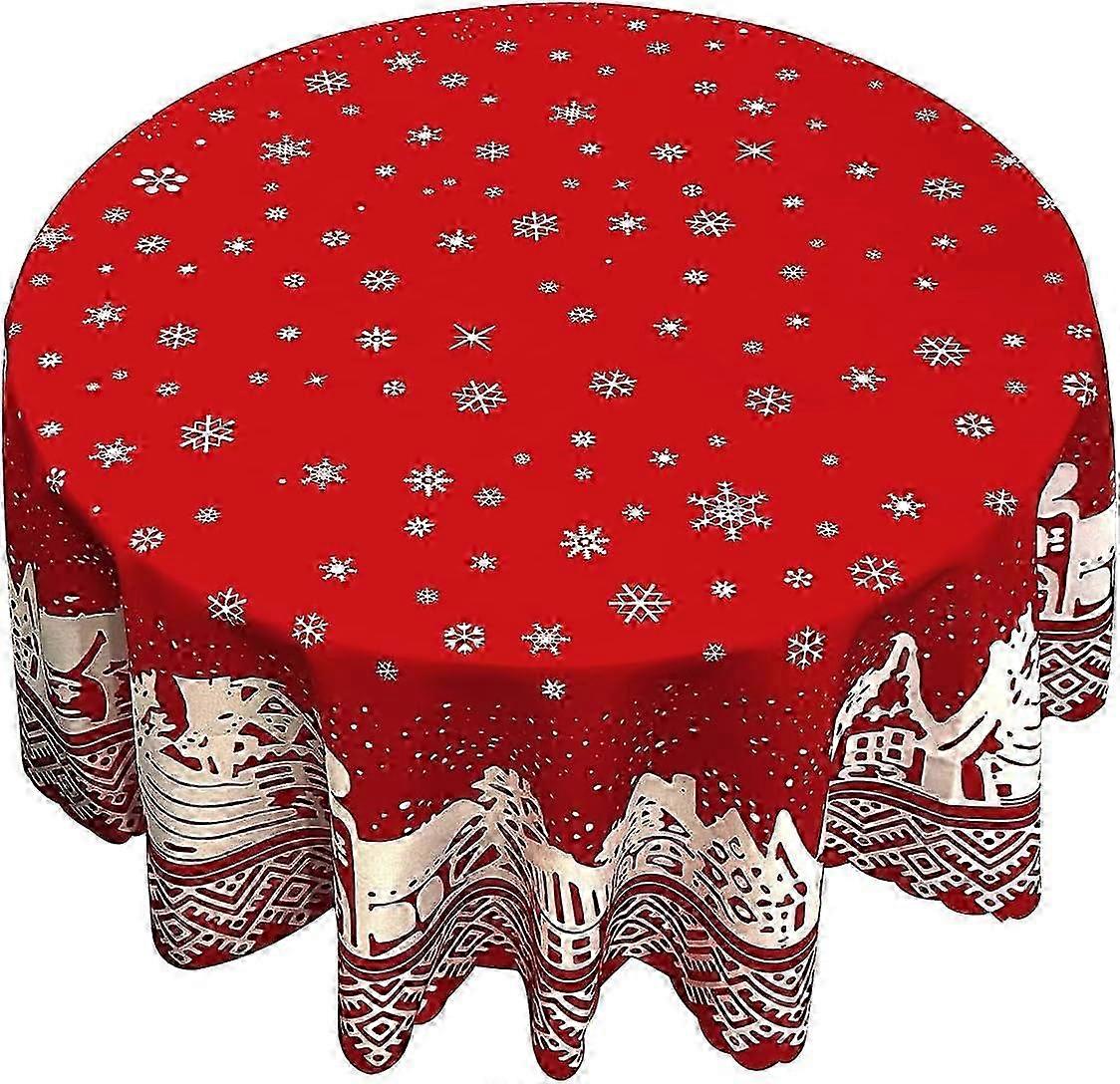 Round Christmas Tablecloth Washable Polyester Snowflake Pattern Red, Diameter 120CM