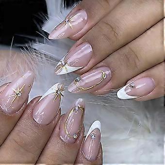 French Tip Press On Manicure Set with Sheer Pink Almond False Nail Pieces, White Detail ABS Nail 30 Piece for Daily Wear and Parties Multicolor