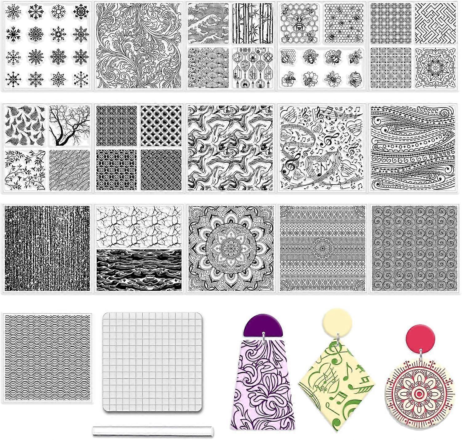 16 Pcs 16 Style Artistic Pattern Polymer Clay Texture Sheets Musical Note Silicone Clay Texture Mat Modeling Pattern Pad Sheets,5.5x5.5 inch