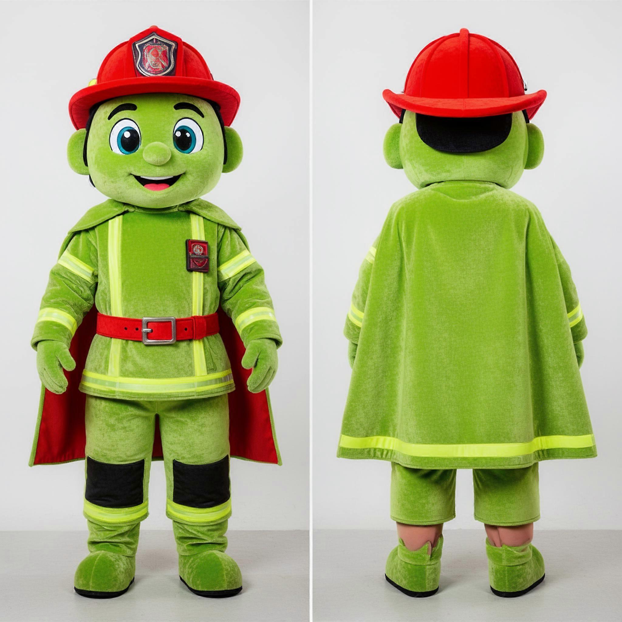 MASTICOT Lime Green Cartoon Fire Fighter Mascot