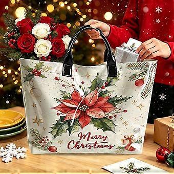 Poinsettia Tote Bag, Poinsettia Merry Christmas print, PVC and Polyester Reusable Shopping Carryall, 44 x 31 x 12.5 cm, for Christmas Shopping