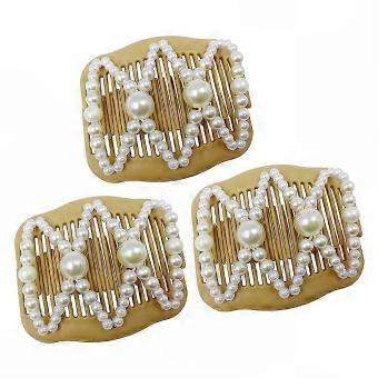 Hair Clips 3-Pack Pearl Elastic Stretchy Double Comb for Women