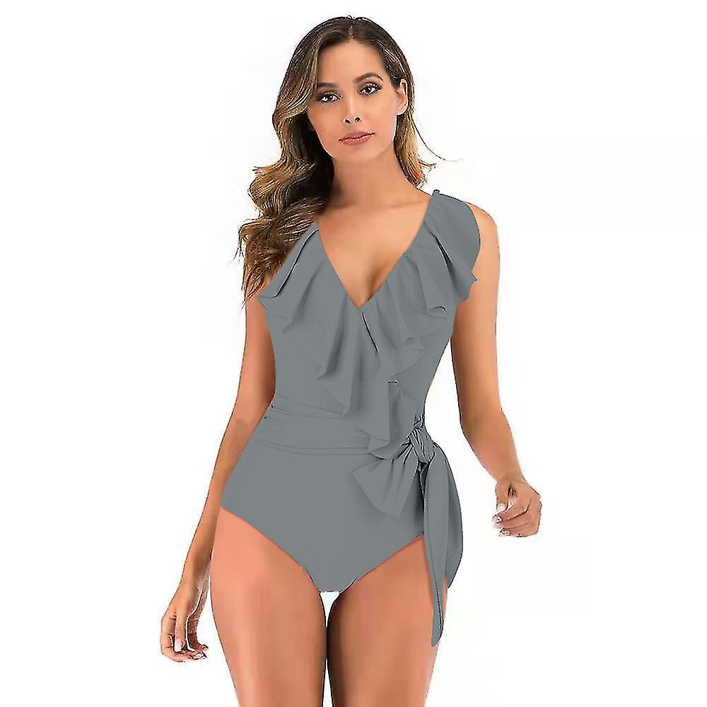 Women's V Neck Piece Bikini Ruffled High Waisted Backless Tankini Swimsuit Tummy Beach Bathing Suit