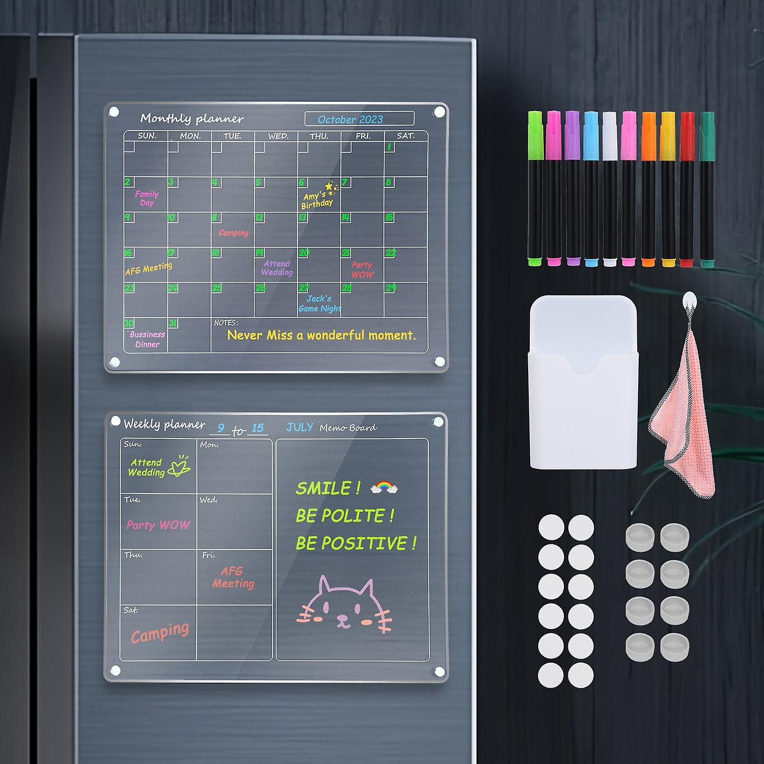 Clear Acrylic Magnetic Dry Erase Board with Monthly & Weekly Planner 16'' x 12'' Writing Board Fridg