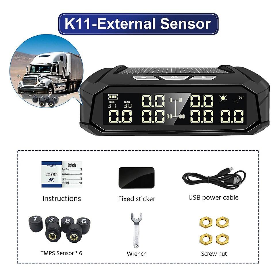 K11 6 External Internal Tire Sensor Intelligent Solar Wireless Tire Pressure Tpms Auto Tyre Pressure Monitoring System 8bar