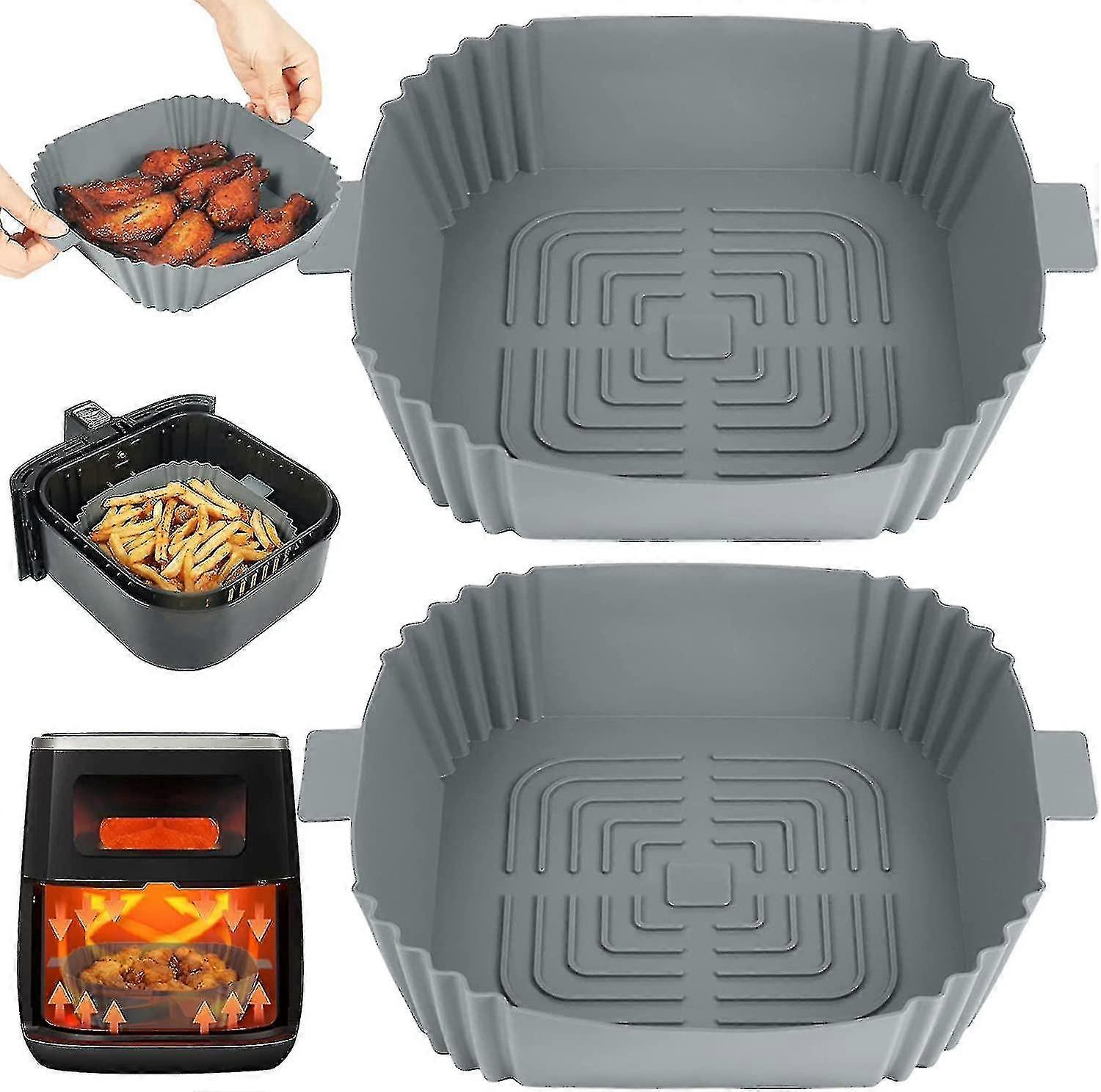 Silikon-Heißluftfritteuse-Liner Wiederverwendbar, 2er-Pack 8-Zoll-Heißluftfritteuse Silikon-Topf quadratisch, Silikon-Backkorb / -Tablett, Heißluftfritteuse-Zubehör kompatibel, Turm