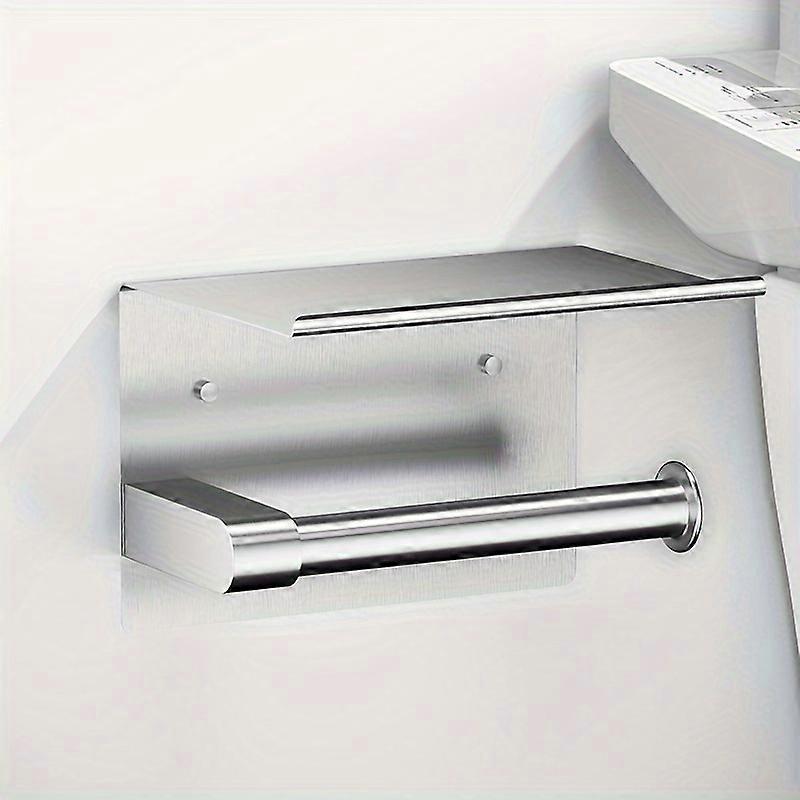 Durable Stainless Steel Toilet Paper Holder with Phone Shelf - Easy-to-Install, Self-Adhesive, Multi-Function Bathroom Accessory