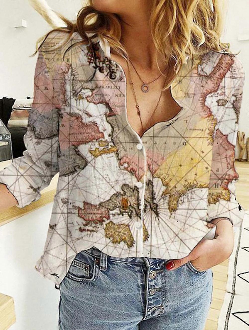 Women's World Map Cotton Linen Solid Color Shirt